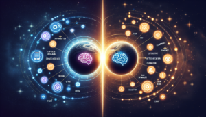 Create a visual representation of comparing two innovative platforms which are both AI content creation tools.