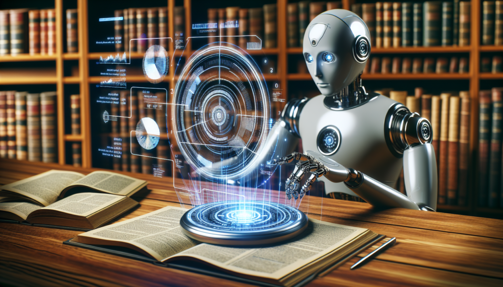 An intelligent machine, often represented as a robot, is sitting at a wooden desk interacting with a range of generated information.