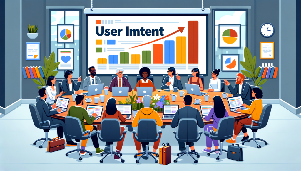 Illustrate a scene where a group of people of different descents such as Caucasian, Asian, Black, Hispanic, and Middle-Eastern, and genders are sitting around a large conference table discussing user intent for better keyword selection. 