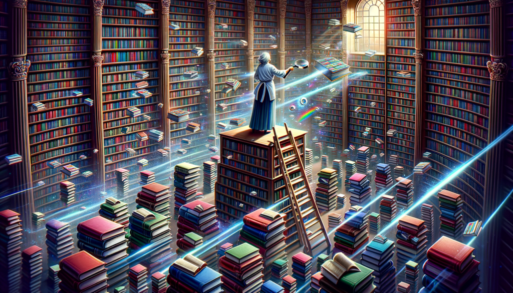 An artwork depicting the fluidity of SEO changes and algorithm updates. Envision a huge library with giant shelves filled with various books symbolizing different websites.